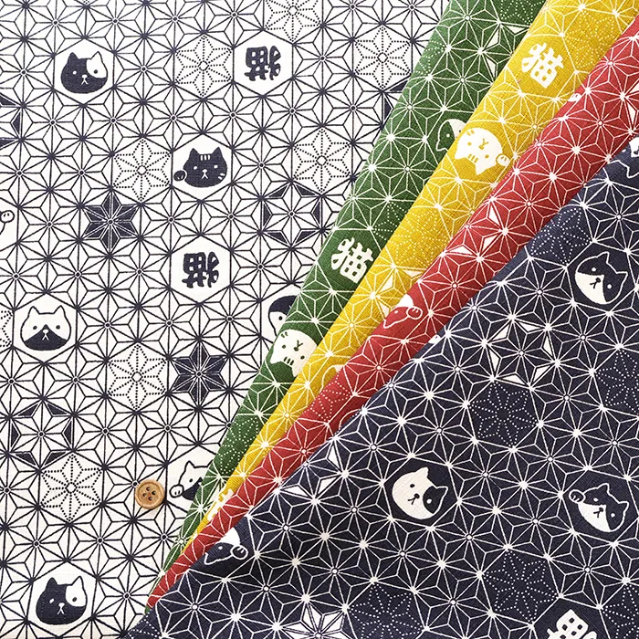 コットンドビープリント生地　麻の葉ネコ