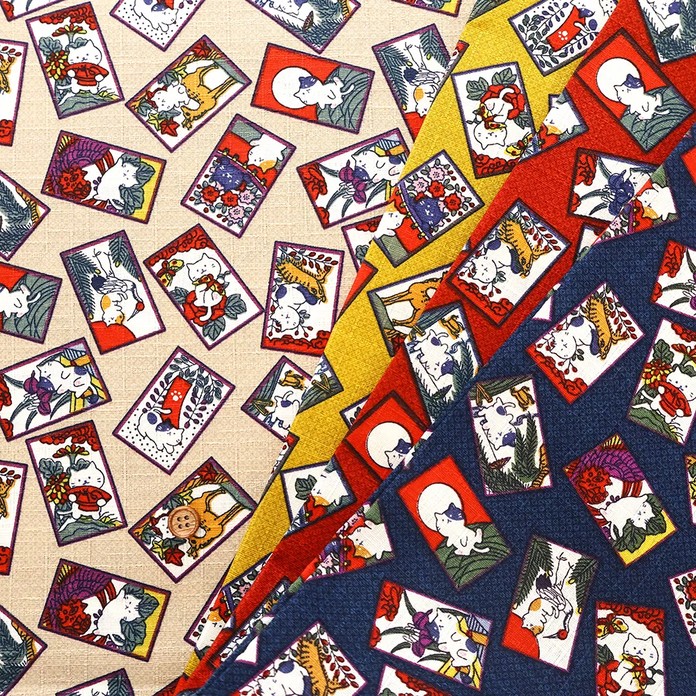 コットンドビープリント生地　花札キャット