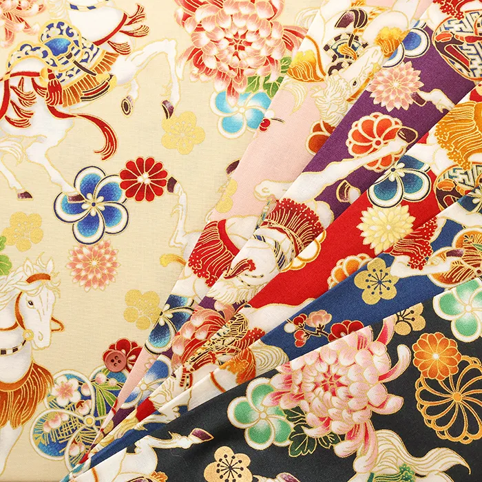 コットンシーチングプリント生地　百花繚乱　干支～馬～