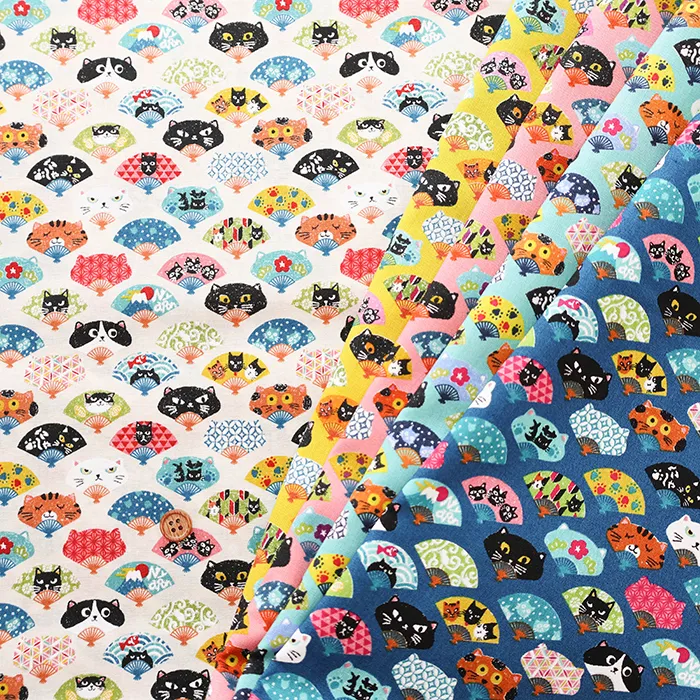 コットンスケアプリント生地　にゃんこだ和　せんすだにゃー