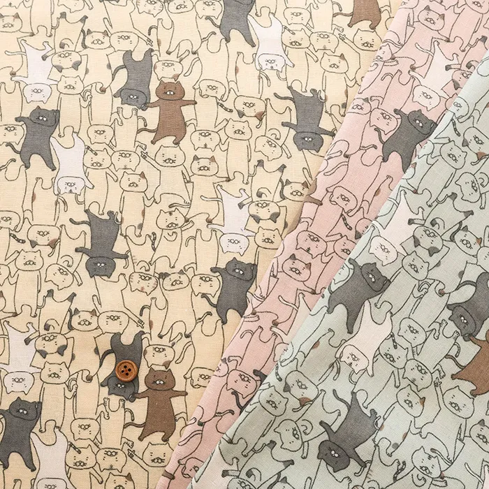 コットンダブルガーゼプリント生地　フニャダンス猫