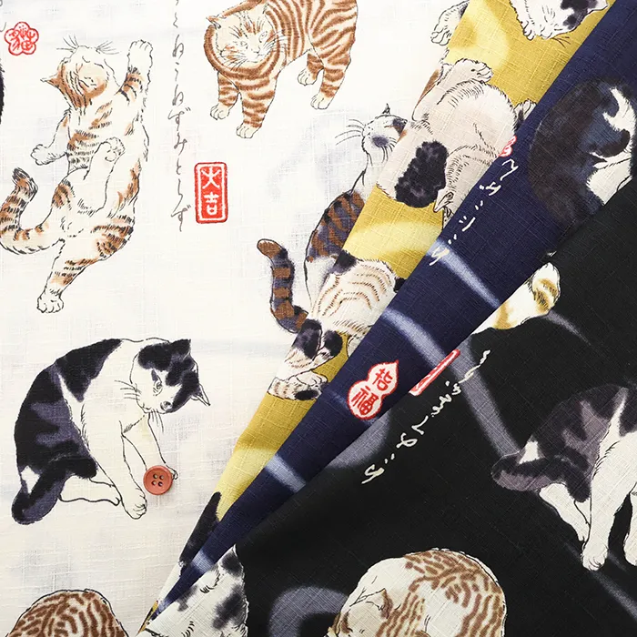コットンドビープリント生地　ことわざ猫