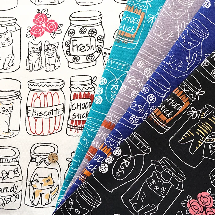 コットンオックスプリント生地　ネコとビン