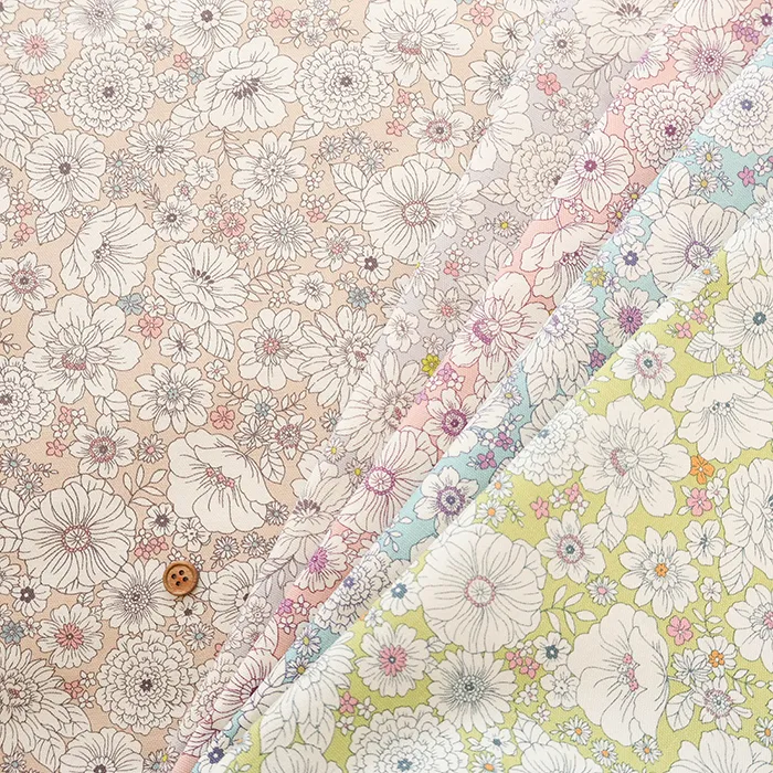 コットンオックスプリント生地　ラインフラワー