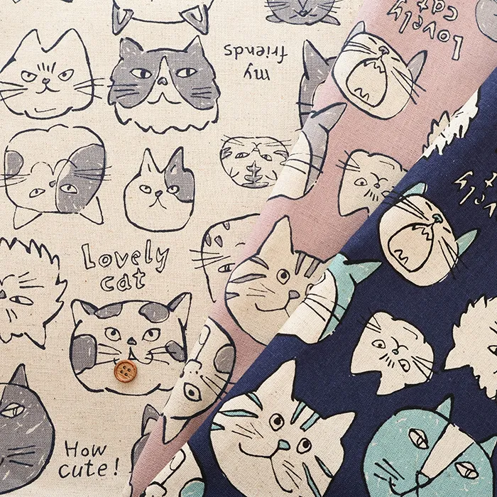 C/Lキャンバスプリント生地　Doodle Animal　Cats face