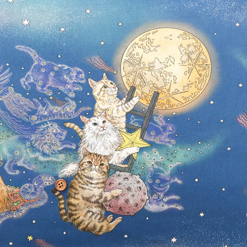 ≪柄売り≫コットンシーチングインクジェットプリント生地　365 Cat Art　月あかりの猫【1柄：約110cm×50cm】