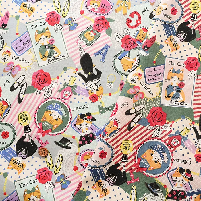 コットンシャーティングプリント生地　ソバカスキッズ　Cat's collection