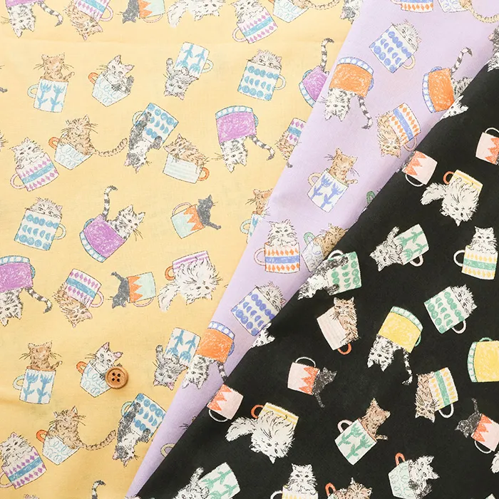 コットン６０ローンプリント生地　Cat Cup
