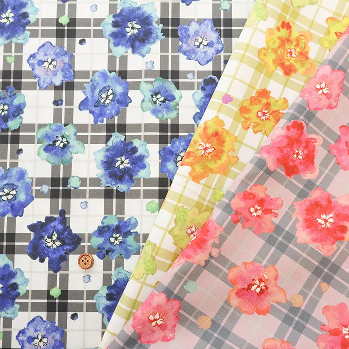 中国製　ポリエステルインクジェットプリント生地　チェック＆フラワー　1