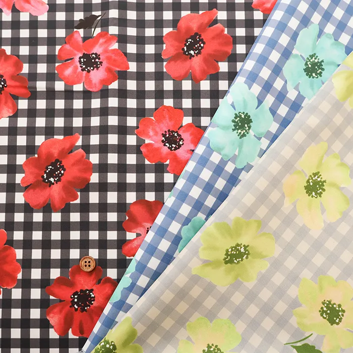 中国製　ポリエステルインクジェットプリント生地　チェック＆フラワー　2