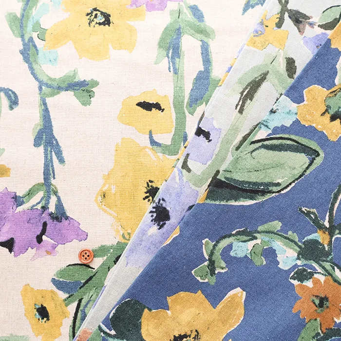 ハーフリネンシーチングプリント生地　フラワー