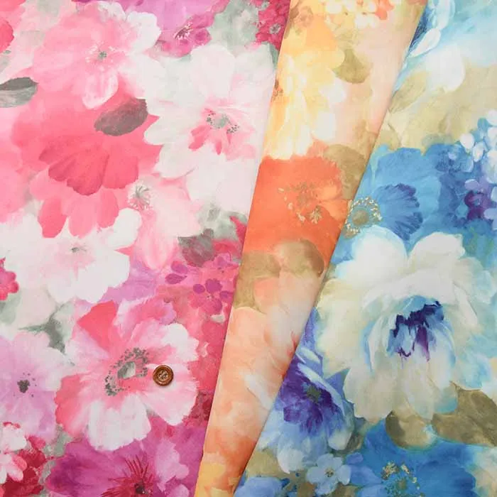 ポリエステルW巾サテンプリント生地　フラワー