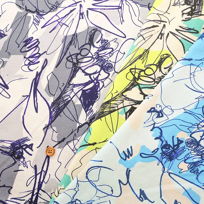 シルケット加工　コットン天竺ニットプリント生地　ラインフラワー