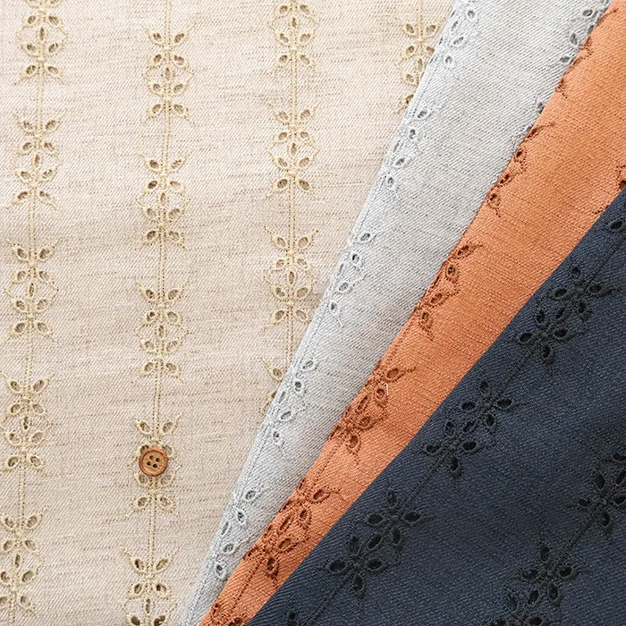 ポリエステルシャンブレーツイルレース生地　ストライプフラワー