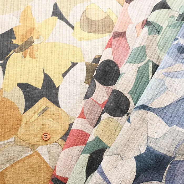 リネンルック　テレコニットプリント生地　水彩フラワー