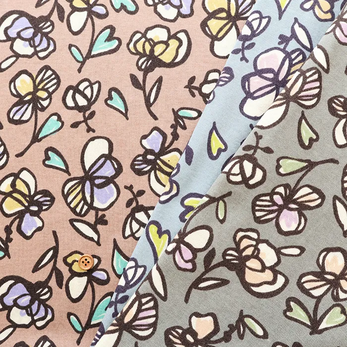 シルケットUV加工　コットン強撚フライスニットプリント生地　フラワー