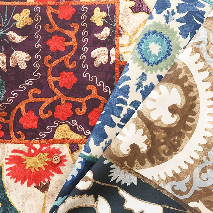 ポリエステルデシン転写プリント生地　タイルフラワー