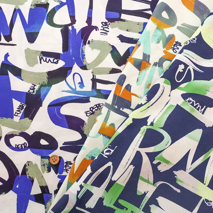 Wシルケット加工　コットン天竺ニットプリント生地　アート