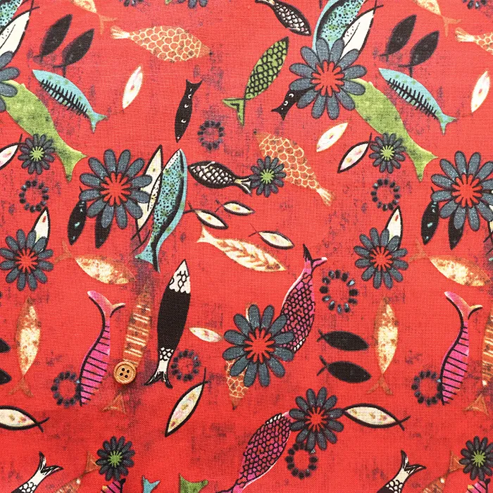 中国製　リネンプリント生地　フィッシュフラワー