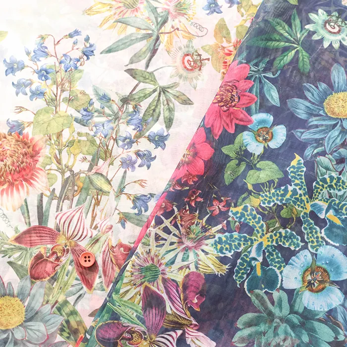 ポリエステルシフォンシャドーチェックプリント生地　クラシックボタニカル