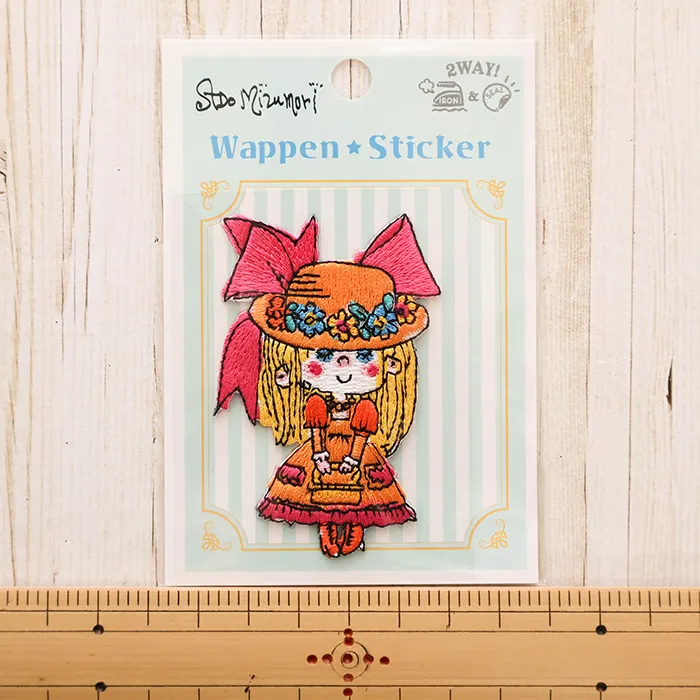 2wayワッペン　水森亜土　キラキラワッペン大　帽子の少女　リボン