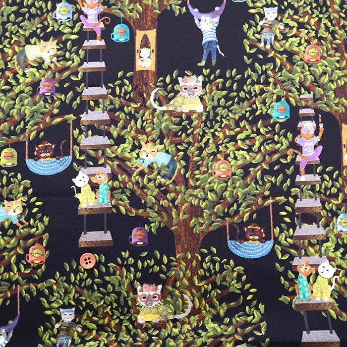 USAコットンプリント生地　MICHAEL MILLER　CATS ON TREE