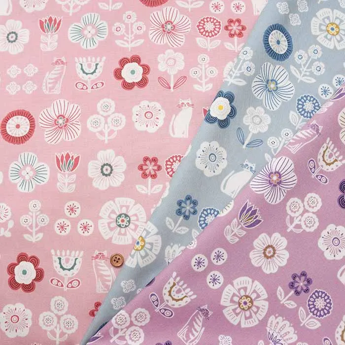 コットンオックスプリント生地　花とネコ