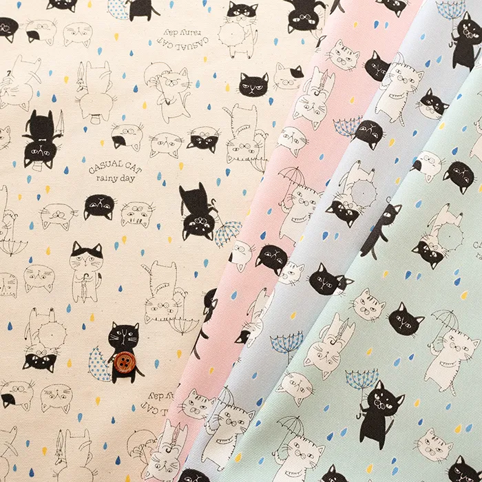 コットンオックスプリント生地　パラソルキャット