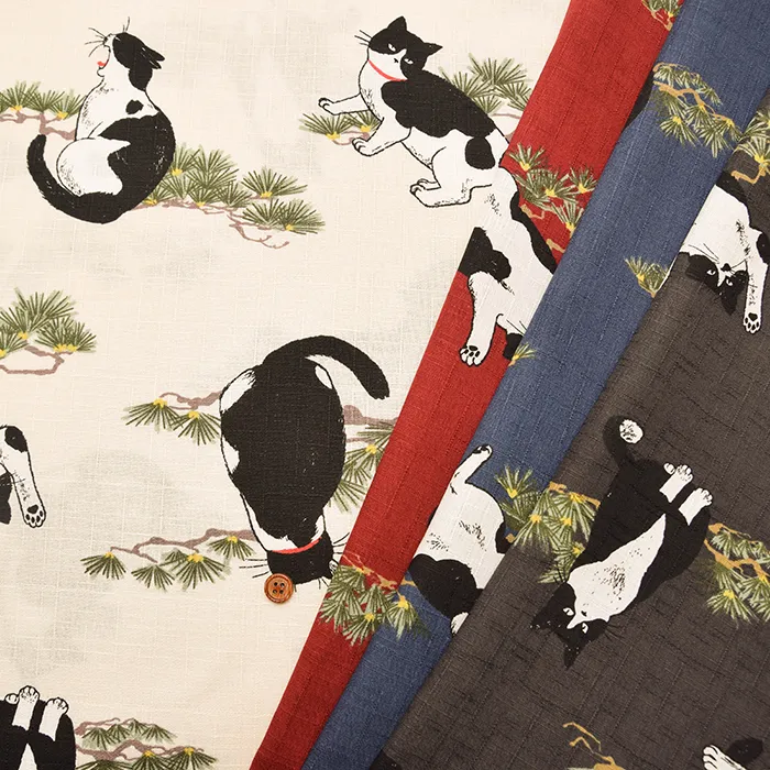 コットンドビープリント生地　松と猫