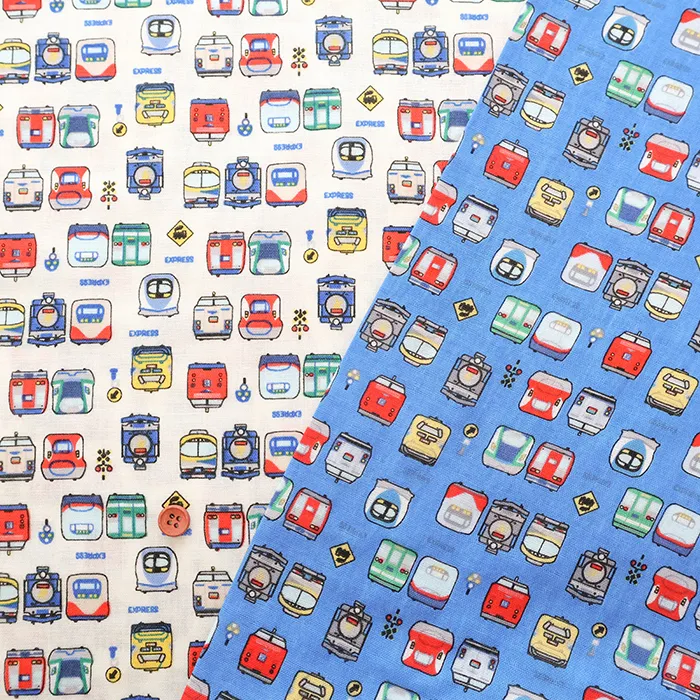 コットンダブルガーゼプリント生地　でんしゃ