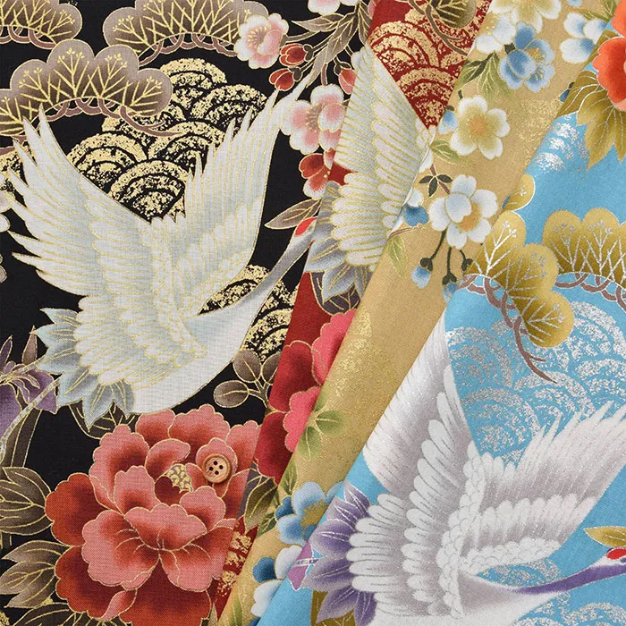 コットンシーチング和柄プリント生地　開花ツル