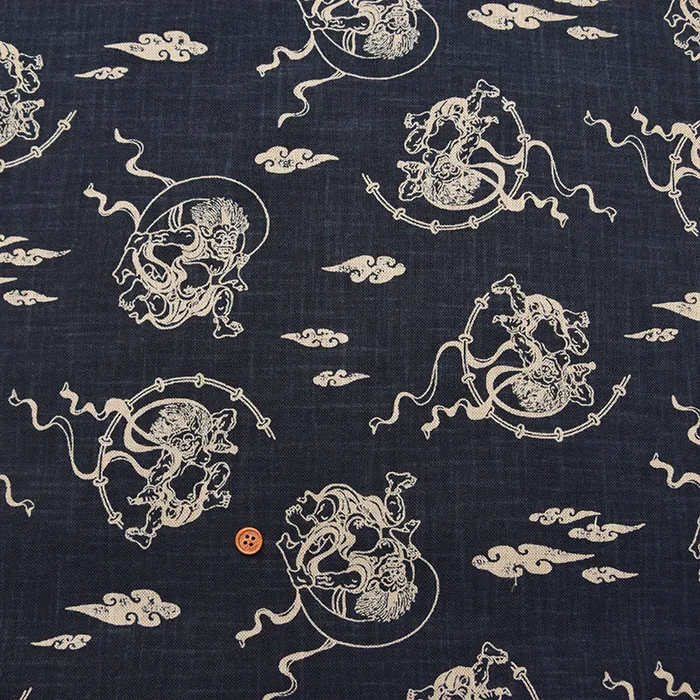 和布　コットンムラ糸プリント生地　風神雷神