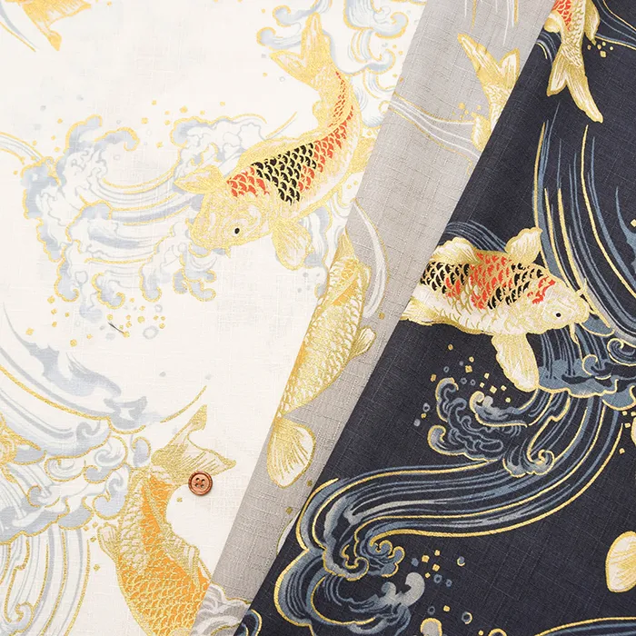 コットンドビーラメプリント生地　和柄　波と鯉