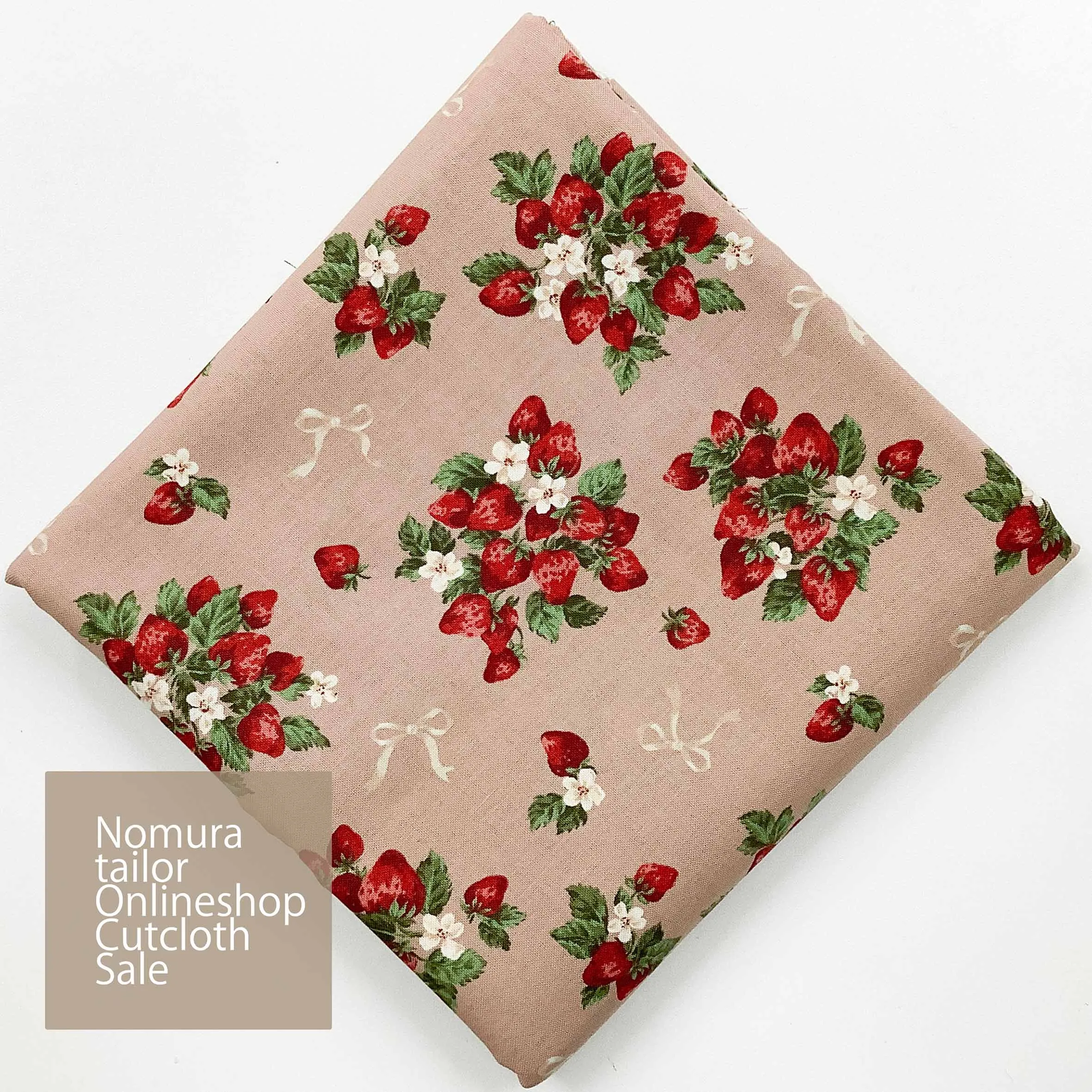 ハギレセール【1.5ｍカットクロス】コットンシーチングプリント生地 リボンといちご